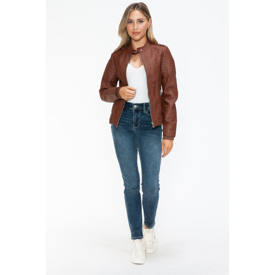 Snobbish PU Leather Biker Jacket with Side Zip Pockets Apparel and Accessories