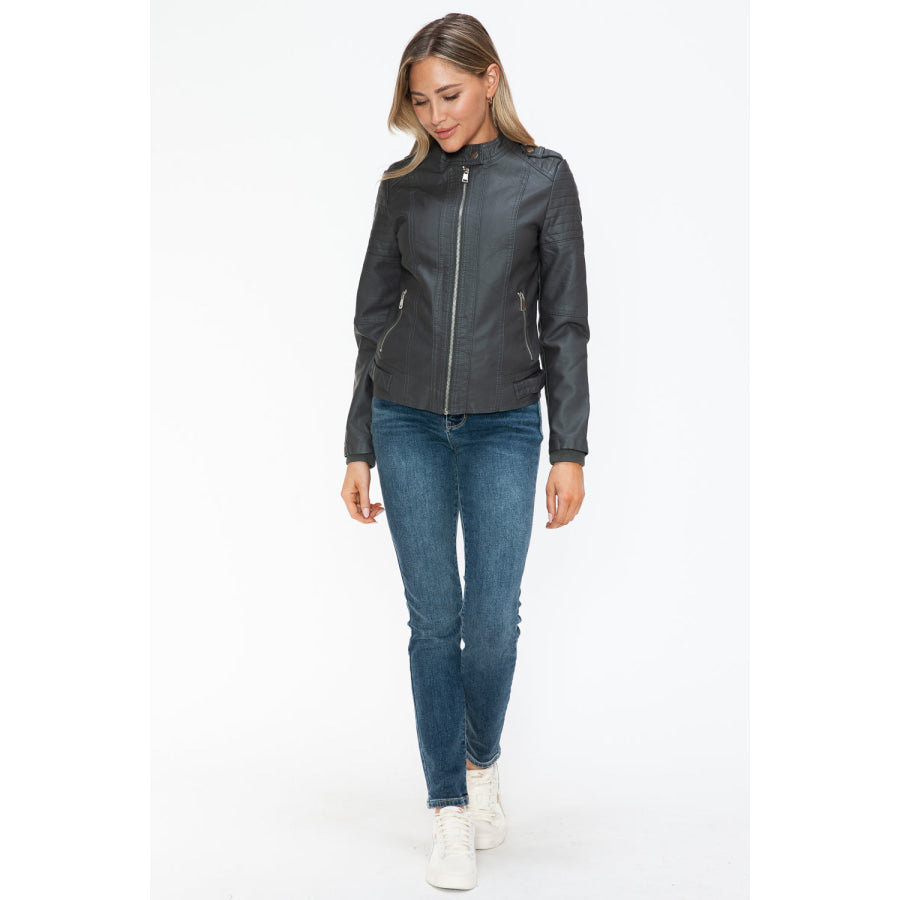 Snobbish PU Leather Biker Jacket with Side Zip Pockets Apparel and Accessories