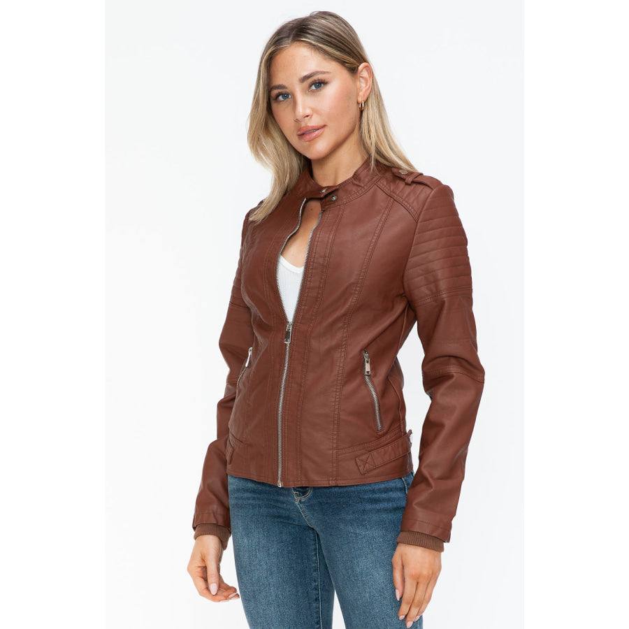 Snobbish PU Leather Biker Jacket with Side Zip Pockets Apparel and Accessories