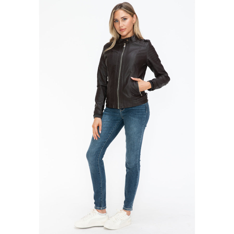 Snobbish PU Leather Biker Jacket with Side Zip Pockets Apparel and Accessories