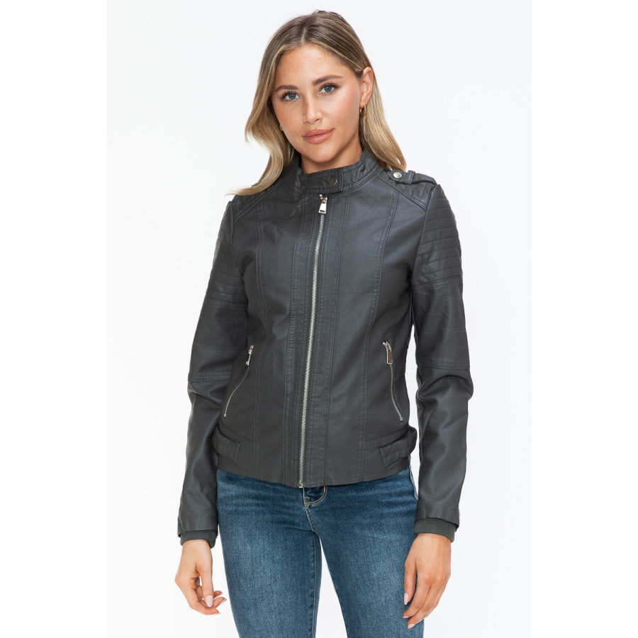 Snobbish PU Leather Biker Jacket with Side Zip Pockets Apparel and Accessories