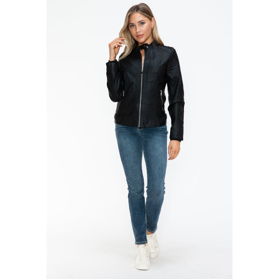 Snobbish PU Leather Biker Jacket with Side Zip Pockets Apparel and Accessories