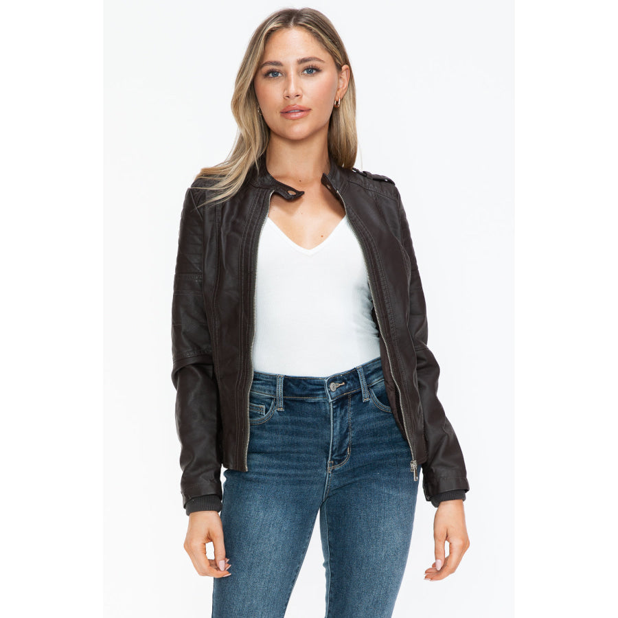 Snobbish PU Leather Biker Jacket with Side Zip Pockets Apparel and Accessories