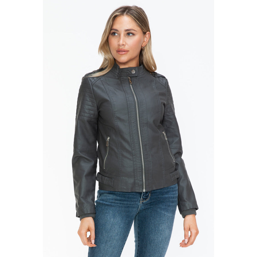 Snobbish PU Leather Biker Jacket with Side Zip Pockets Apparel and Accessories