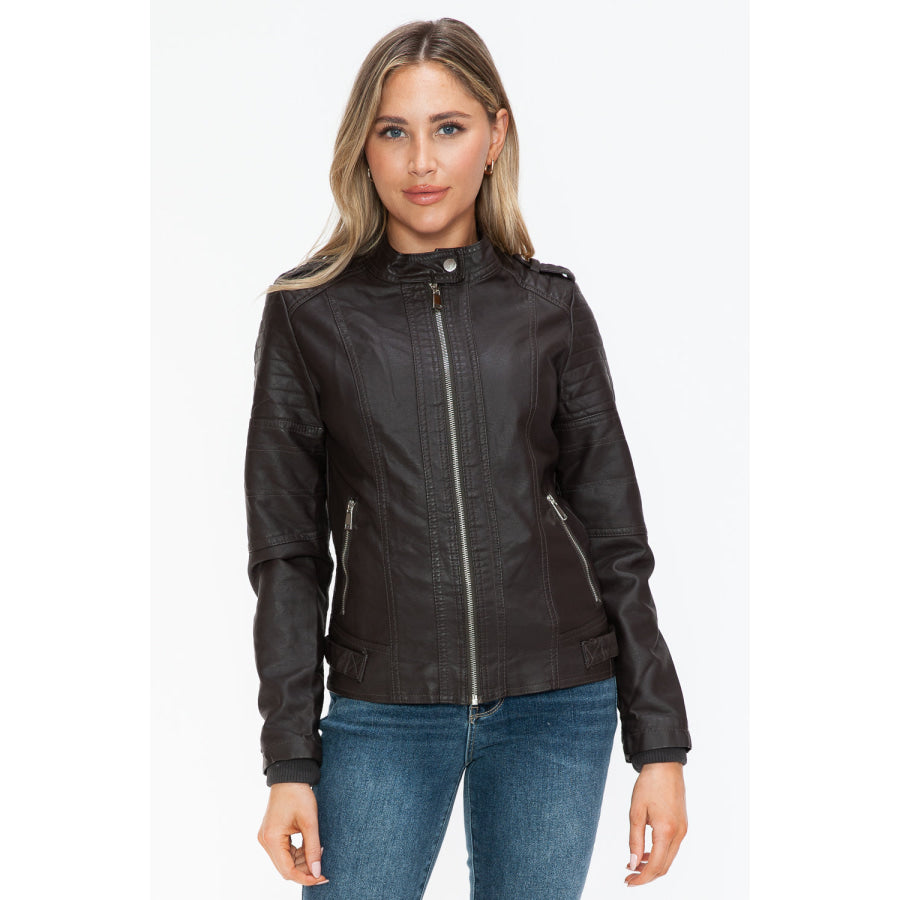 Snobbish PU Leather Biker Jacket with Side Zip Pockets Apparel and Accessories