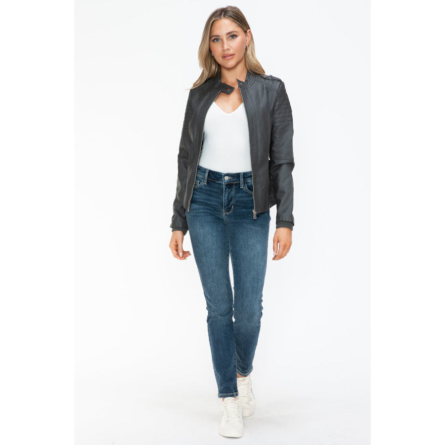 Snobbish PU Leather Biker Jacket with Side Zip Pockets Apparel and Accessories