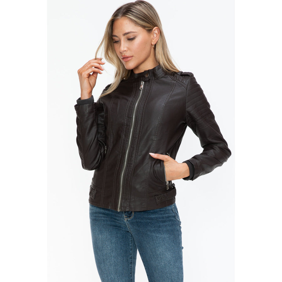 Snobbish PU Leather Biker Jacket with Side Zip Pockets Apparel and Accessories