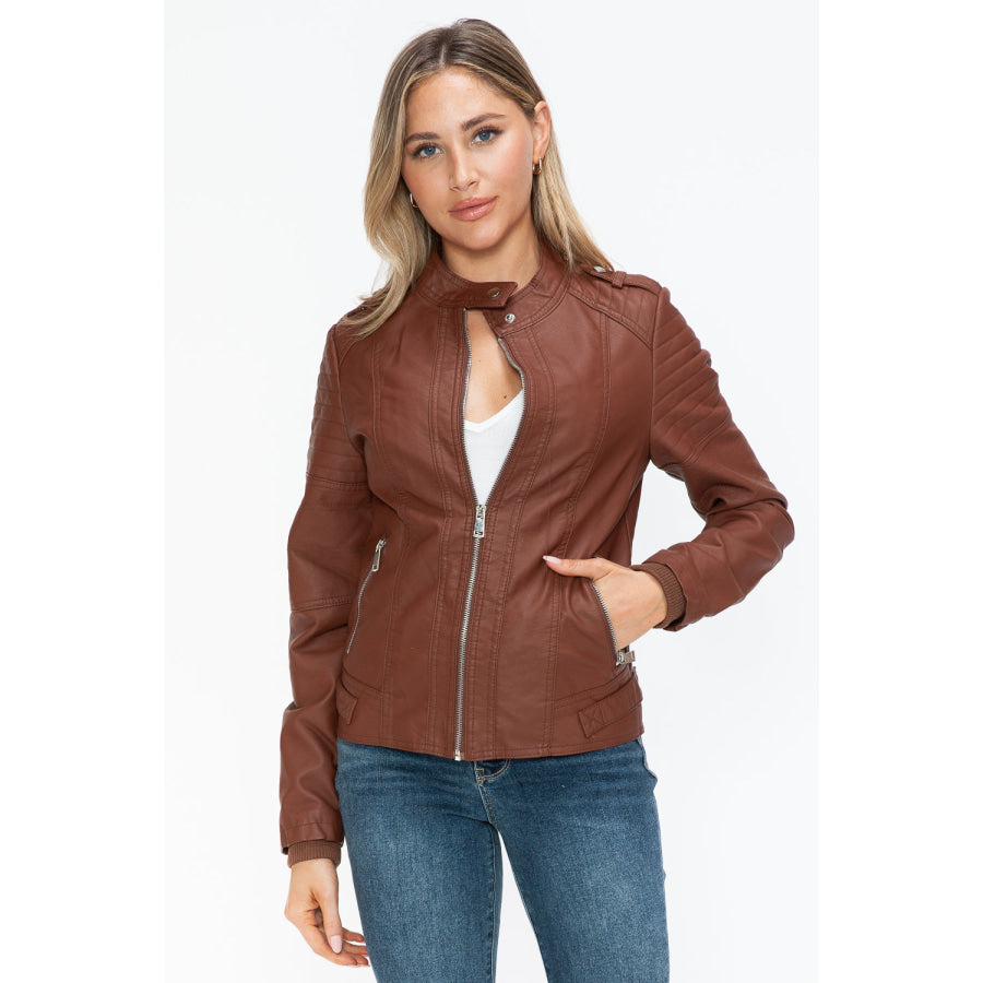 Snobbish PU Leather Biker Jacket with Side Zip Pockets Apparel and Accessories