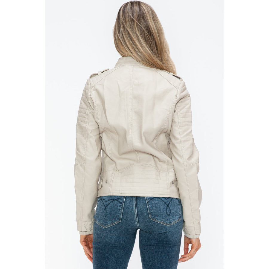 Snobbish PU Leather Biker Jacket with Side Zip Pockets Apparel and Accessories