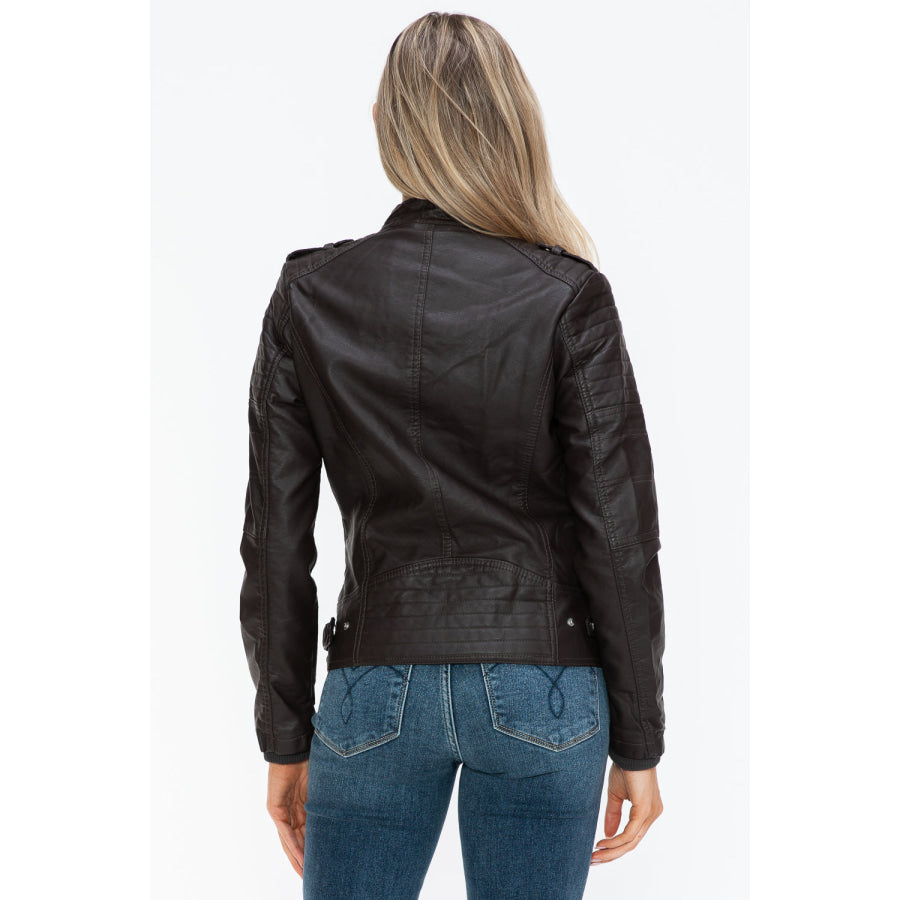 Snobbish PU Leather Biker Jacket with Side Zip Pockets Apparel and Accessories