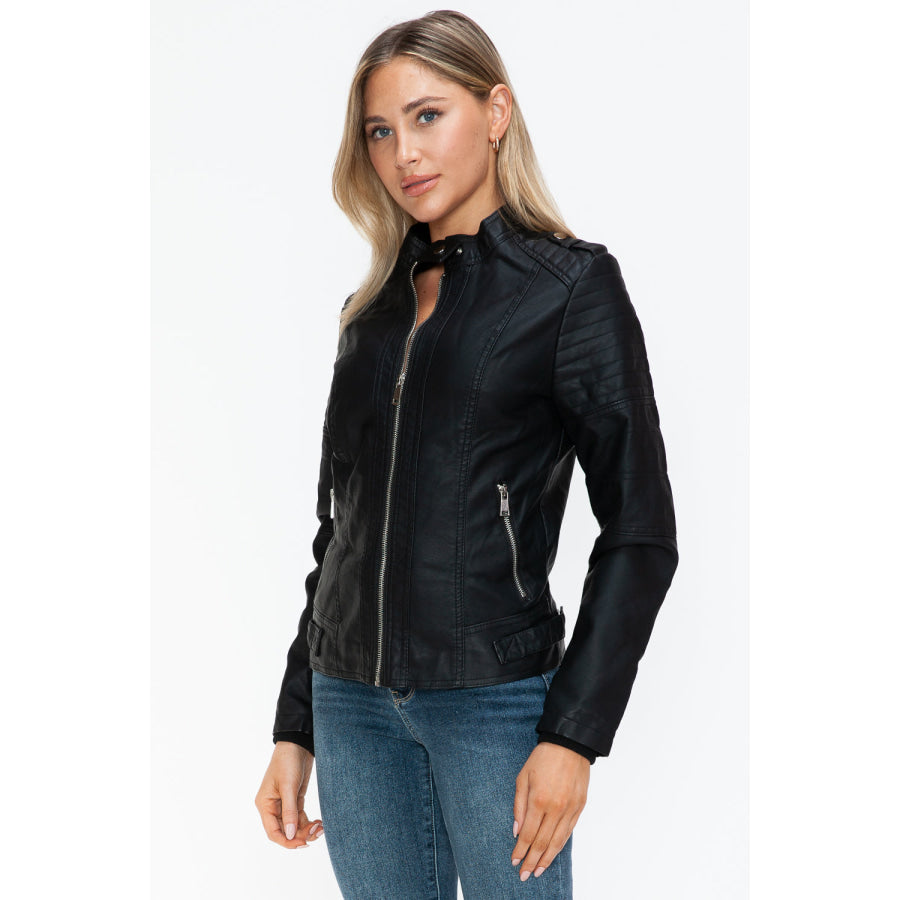 Snobbish PU Leather Biker Jacket with Side Zip Pockets Apparel and Accessories