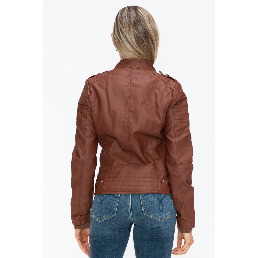 Snobbish PU Leather Biker Jacket with Side Zip Pockets Apparel and Accessories