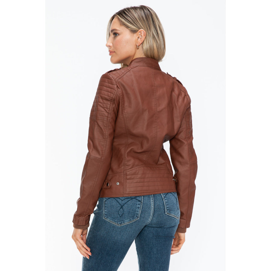 Snobbish PU Leather Biker Jacket with Side Zip Pockets Apparel and Accessories