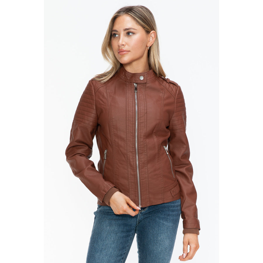 Snobbish PU Leather Biker Jacket with Side Zip Pockets Apparel and Accessories