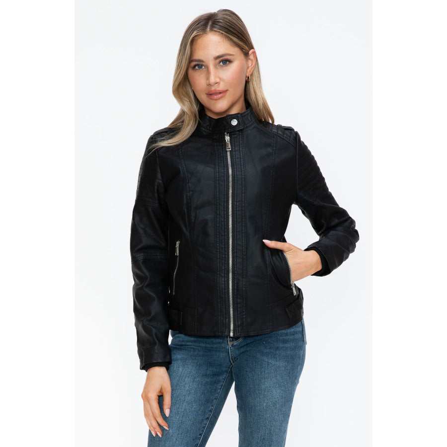 Snobbish PU Leather Biker Jacket with Side Zip Pockets Apparel and Accessories