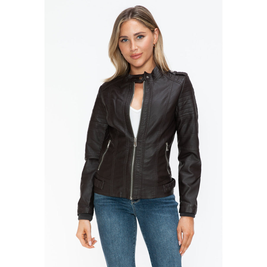 Snobbish PU Leather Biker Jacket with Side Zip Pockets Apparel and Accessories