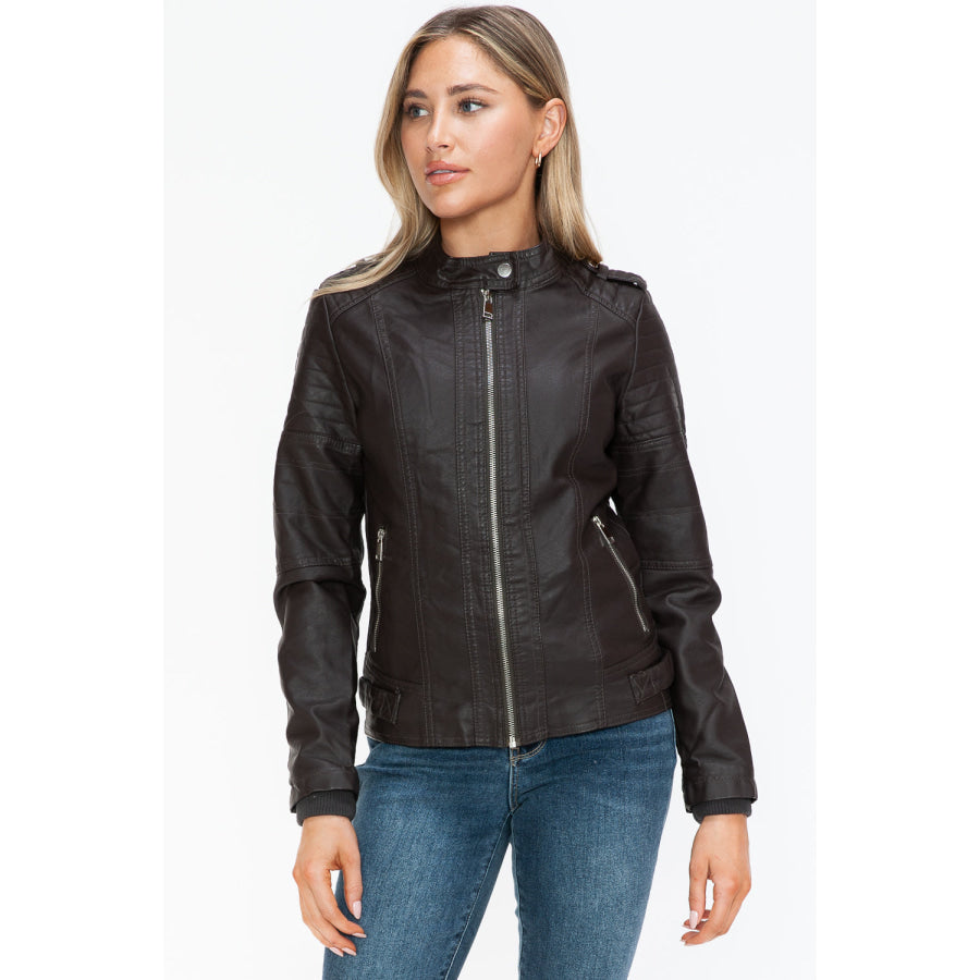 Snobbish PU Leather Biker Jacket with Side Zip Pockets Apparel and Accessories