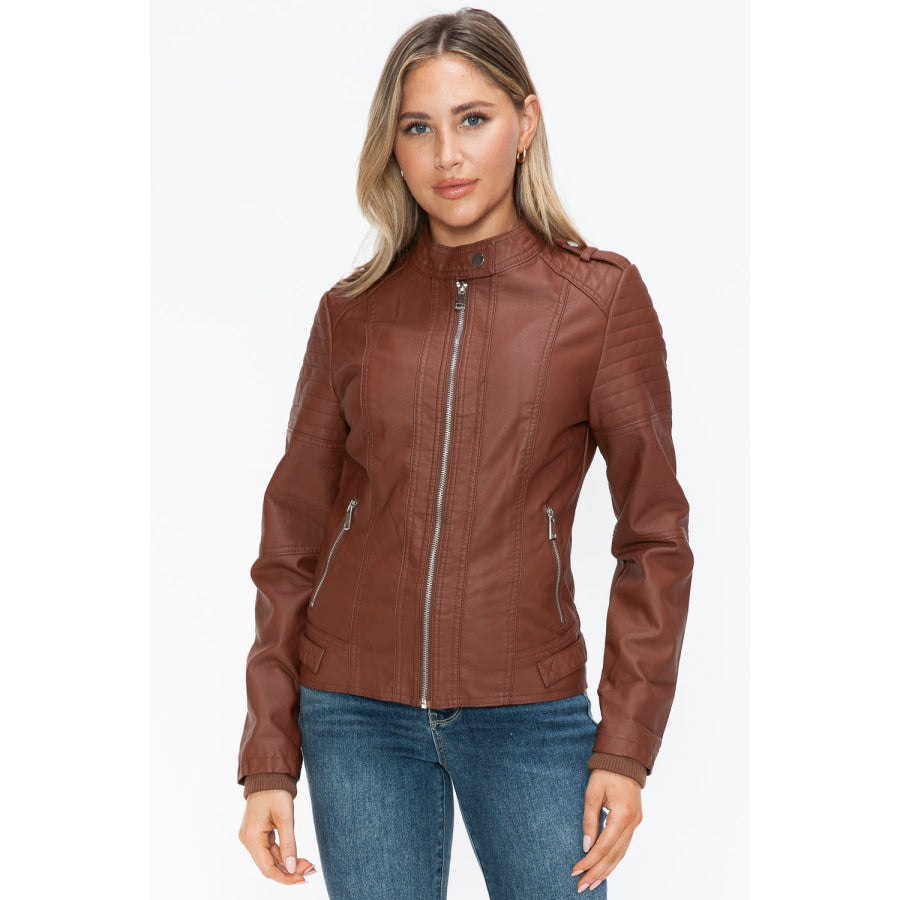 Snobbish PU Leather Biker Jacket with Side Zip Pockets Apparel and Accessories