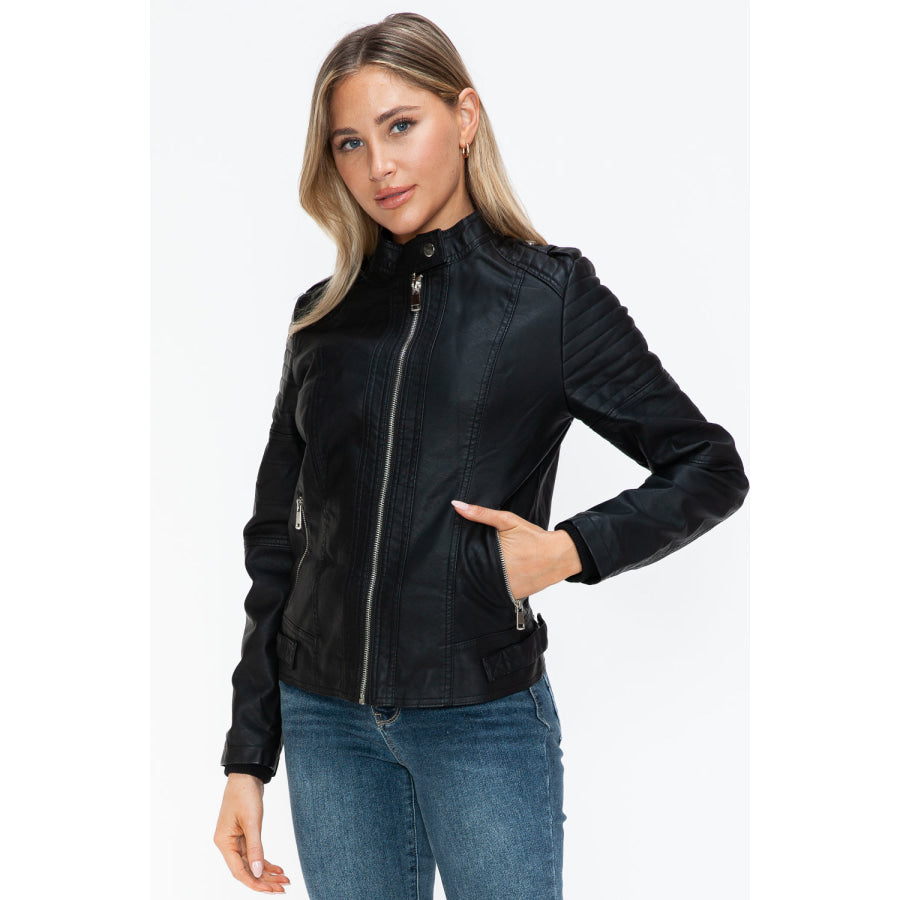 Snobbish PU Leather Biker Jacket with Side Zip Pockets Apparel and Accessories