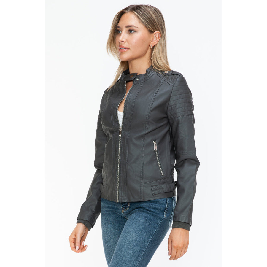 Snobbish PU Leather Biker Jacket with Side Zip Pockets Apparel and Accessories