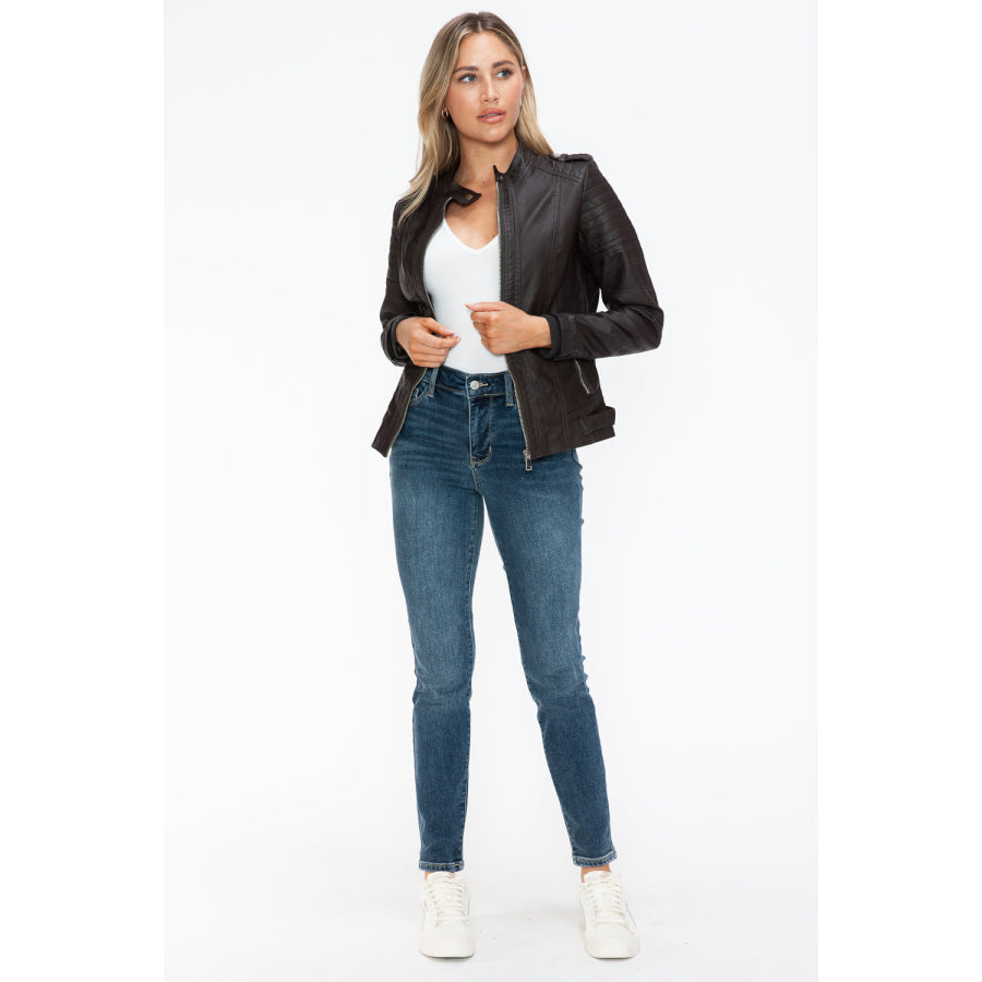 Snobbish PU Leather Biker Jacket with Side Zip Pockets Apparel and Accessories