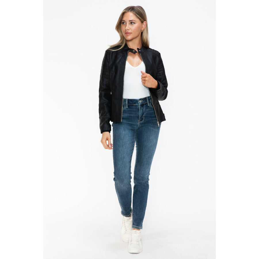 Snobbish PU Leather Biker Jacket with Side Zip Pockets Apparel and Accessories