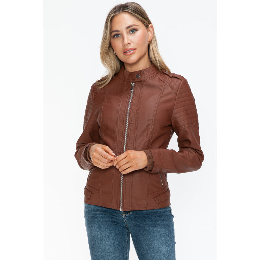 Snobbish PU Leather Biker Jacket with Side Zip Pockets Apparel and Accessories