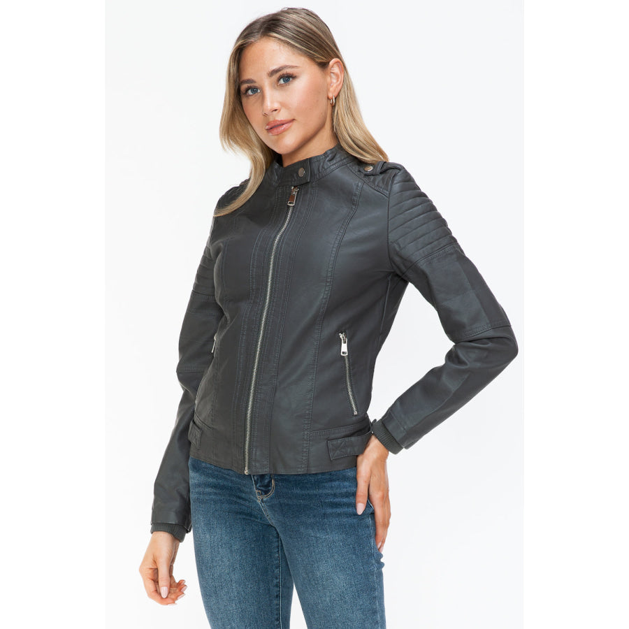 Snobbish PU Leather Biker Jacket with Side Zip Pockets Apparel and Accessories