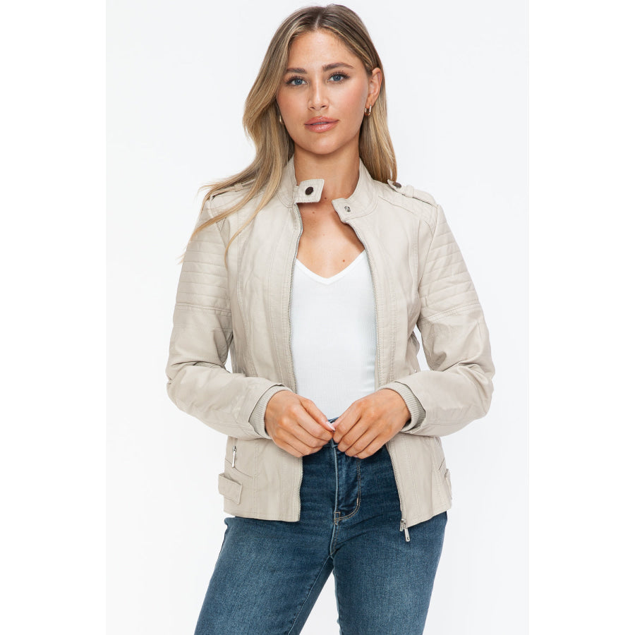 Snobbish PU Leather Biker Jacket with Side Zip Pockets Apparel and Accessories