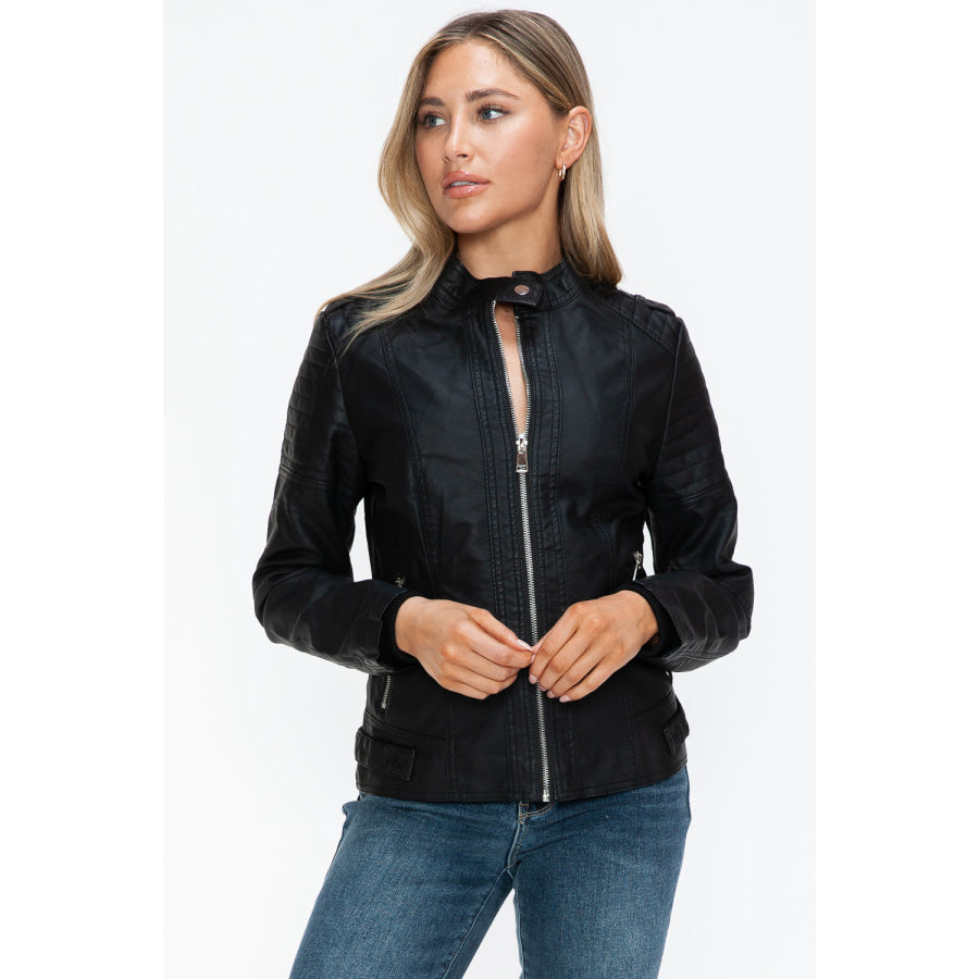 Snobbish PU Leather Biker Jacket with Side Zip Pockets Apparel and Accessories