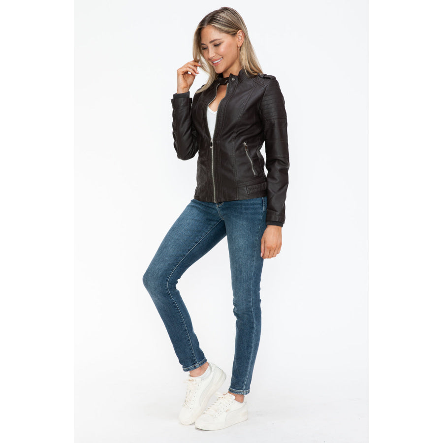 Snobbish PU Leather Biker Jacket with Side Zip Pockets Apparel and Accessories