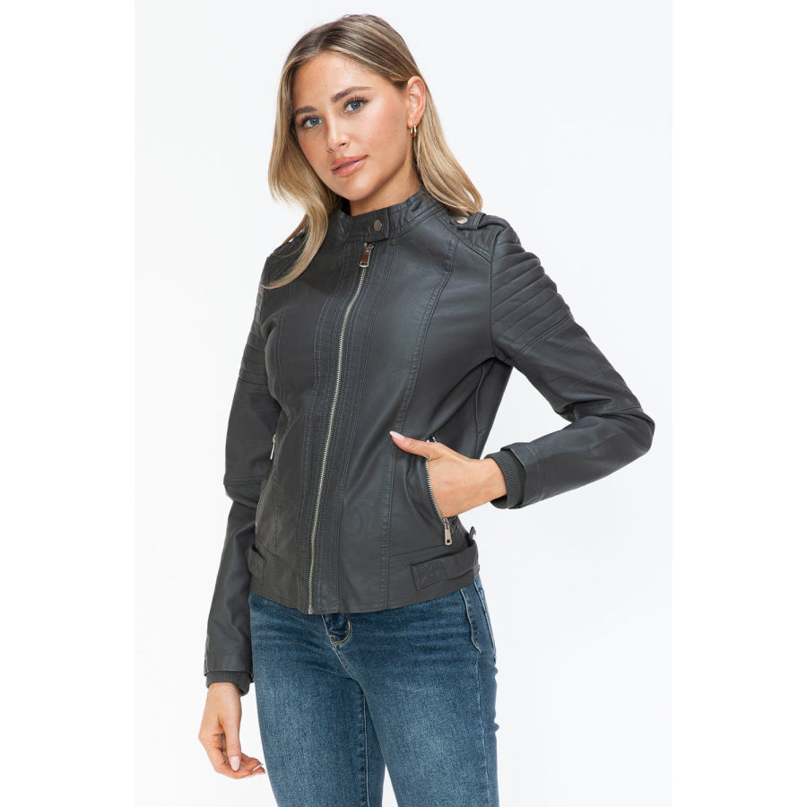 Snobbish PU Leather Biker Jacket with Side Zip Pockets Apparel and Accessories