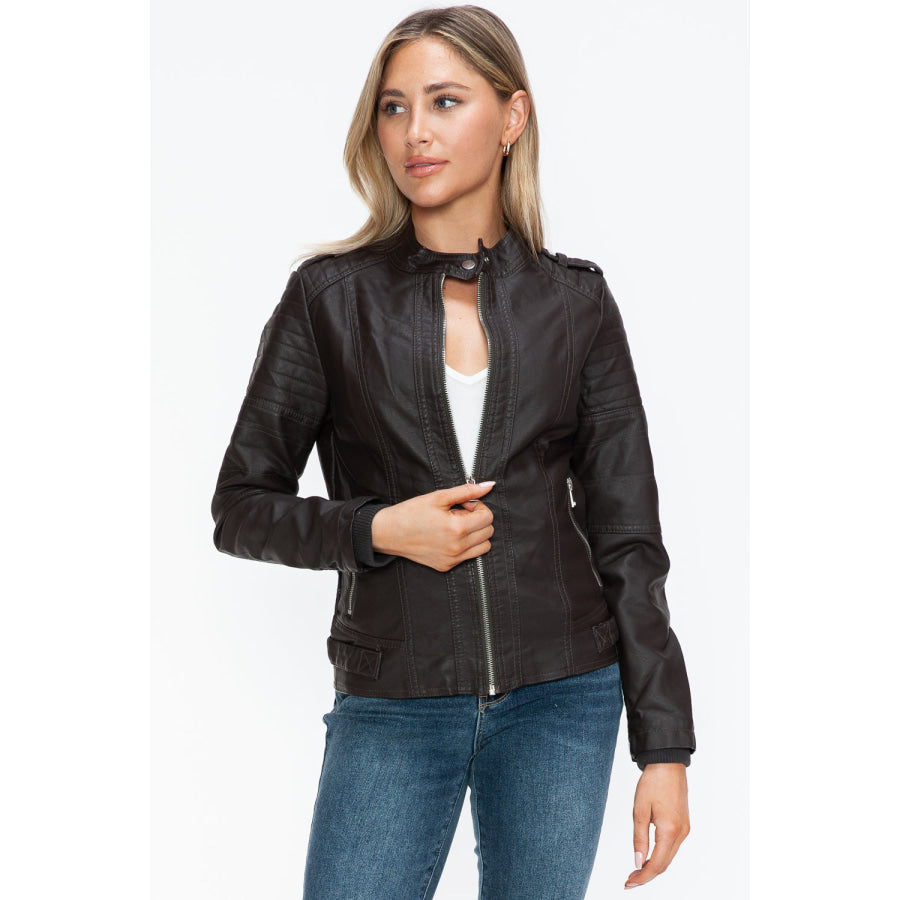 Snobbish PU Leather Biker Jacket with Side Zip Pockets Apparel and Accessories