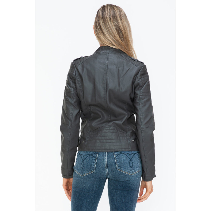 Snobbish PU Leather Biker Jacket with Side Zip Pockets Apparel and Accessories