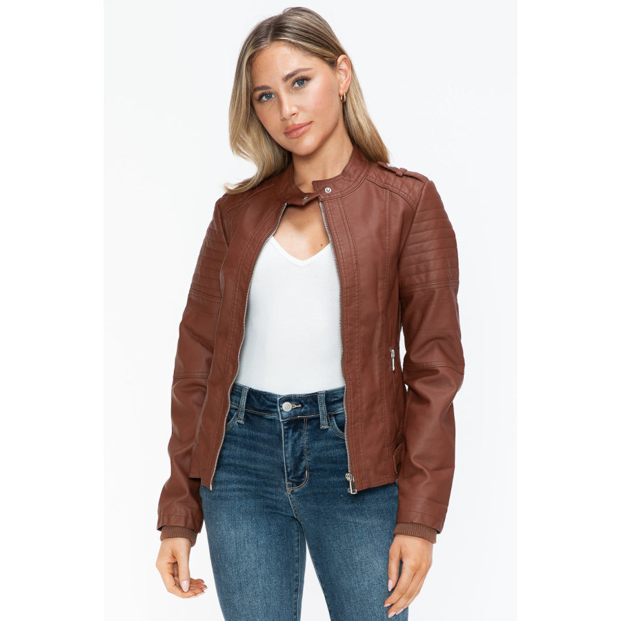 Snobbish PU Leather Biker Jacket with Side Zip Pockets Apparel and Accessories