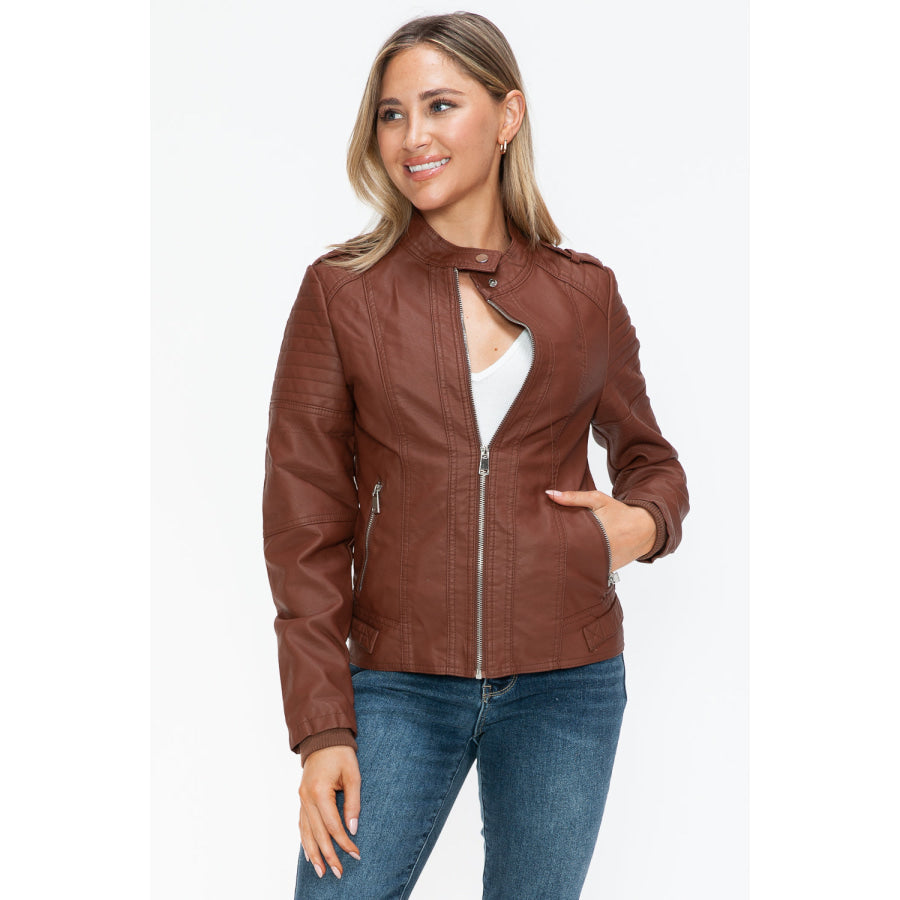 Snobbish PU Leather Biker Jacket with Side Zip Pockets Apparel and Accessories