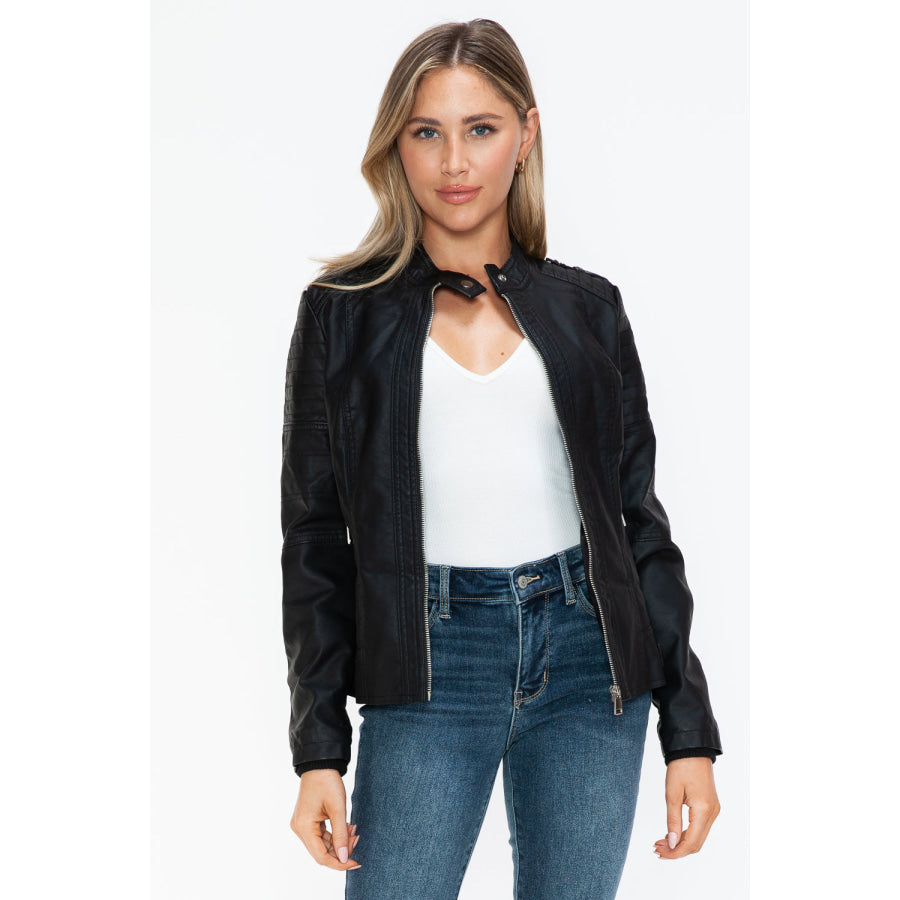 Snobbish PU Leather Biker Jacket with Side Zip Pockets Black / S Apparel and Accessories