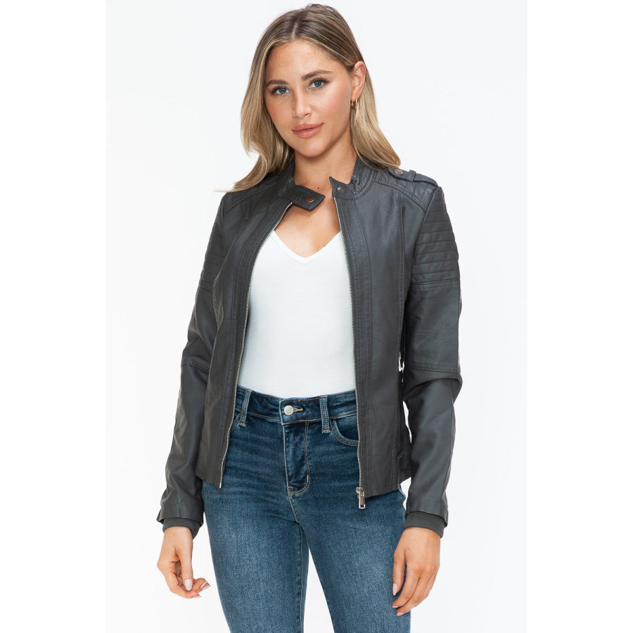 Snobbish PU Leather Biker Jacket with Side Zip Pockets Charcoal / S Apparel and Accessories