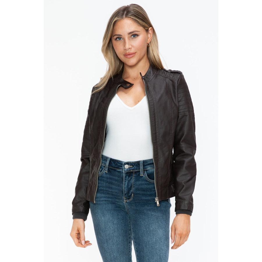 Snobbish PU Leather Biker Jacket with Side Zip Pockets Chocolate / S Apparel and Accessories