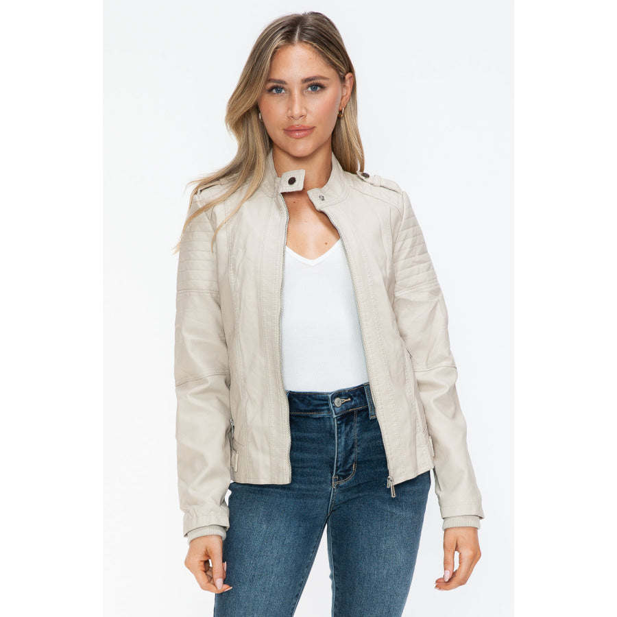 Snobbish PU Leather Biker Jacket with Side Zip Pockets Sand / S Apparel and Accessories