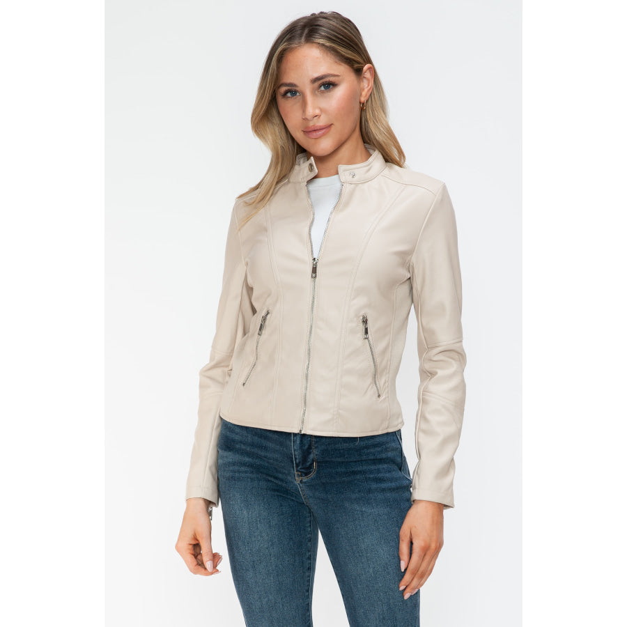 Snobbish PU Leather Zip Up Jacket with Pockets Apparel and Accessories