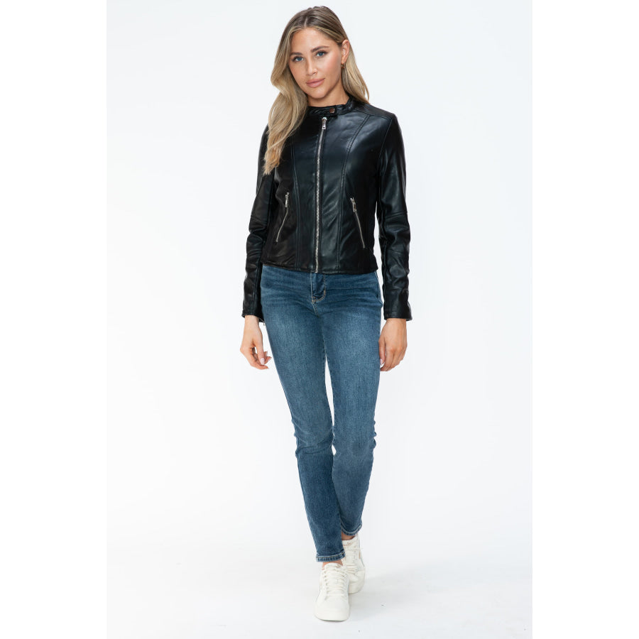 Snobbish PU Leather Zip Up Jacket with Pockets Apparel and Accessories