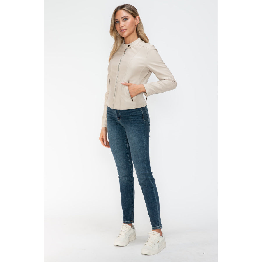 Snobbish PU Leather Zip Up Jacket with Pockets Apparel and Accessories