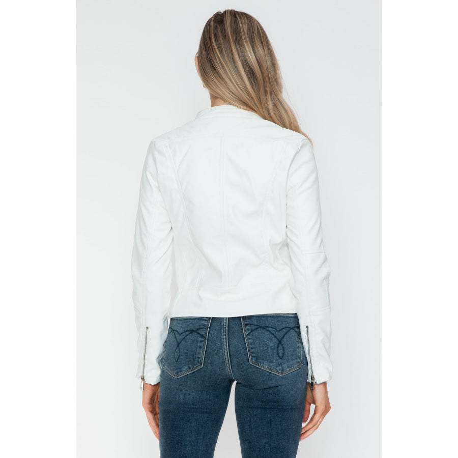 Snobbish PU Leather Zip Up Jacket with Pockets White / S Apparel and Accessories