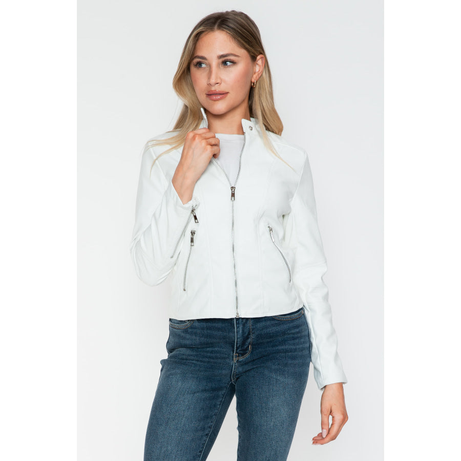 Snobbish PU Leather Zip Up Jacket with Pockets Apparel and Accessories