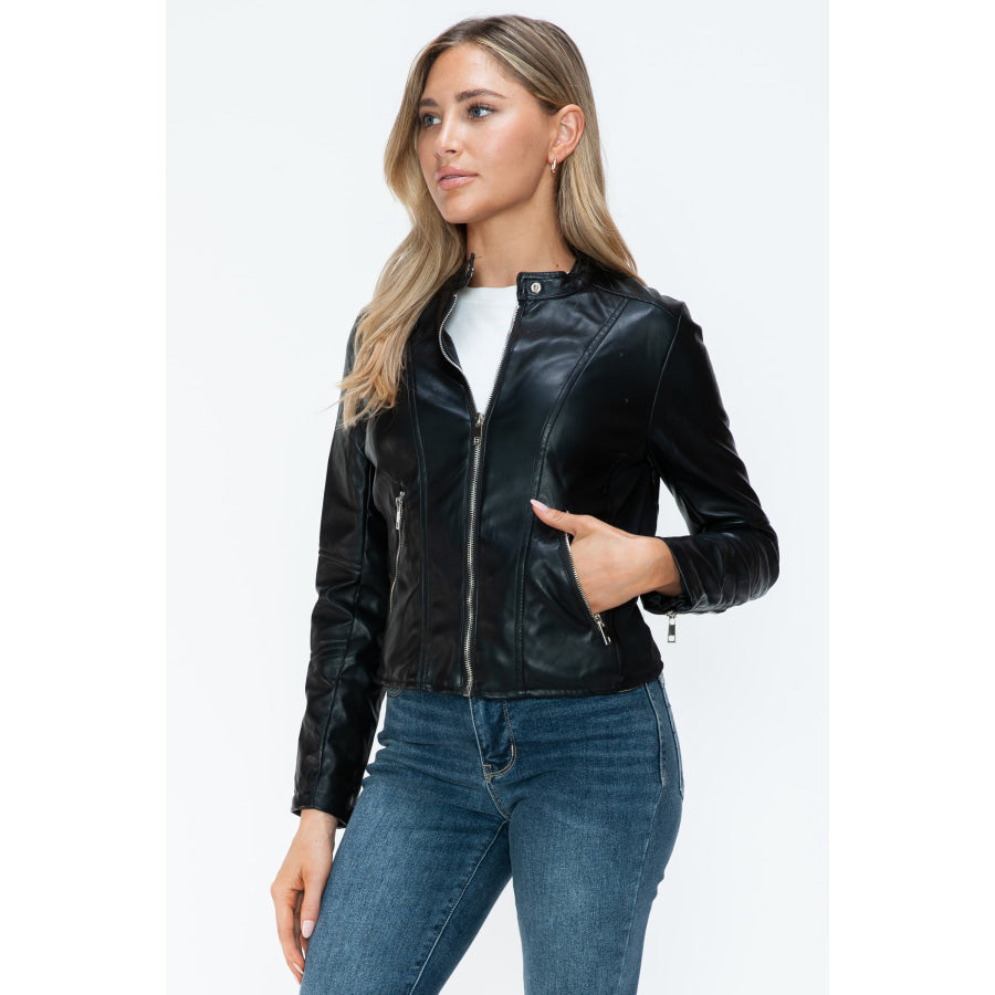 Snobbish PU Leather Zip Up Jacket with Pockets Apparel and Accessories