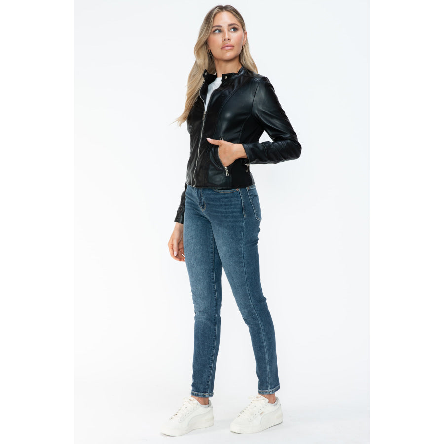 Snobbish PU Leather Zip Up Jacket with Pockets Apparel and Accessories