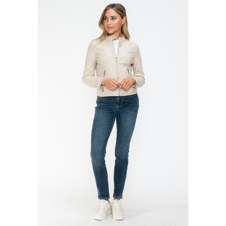 Snobbish PU Leather Zip Up Jacket with Pockets Apparel and Accessories