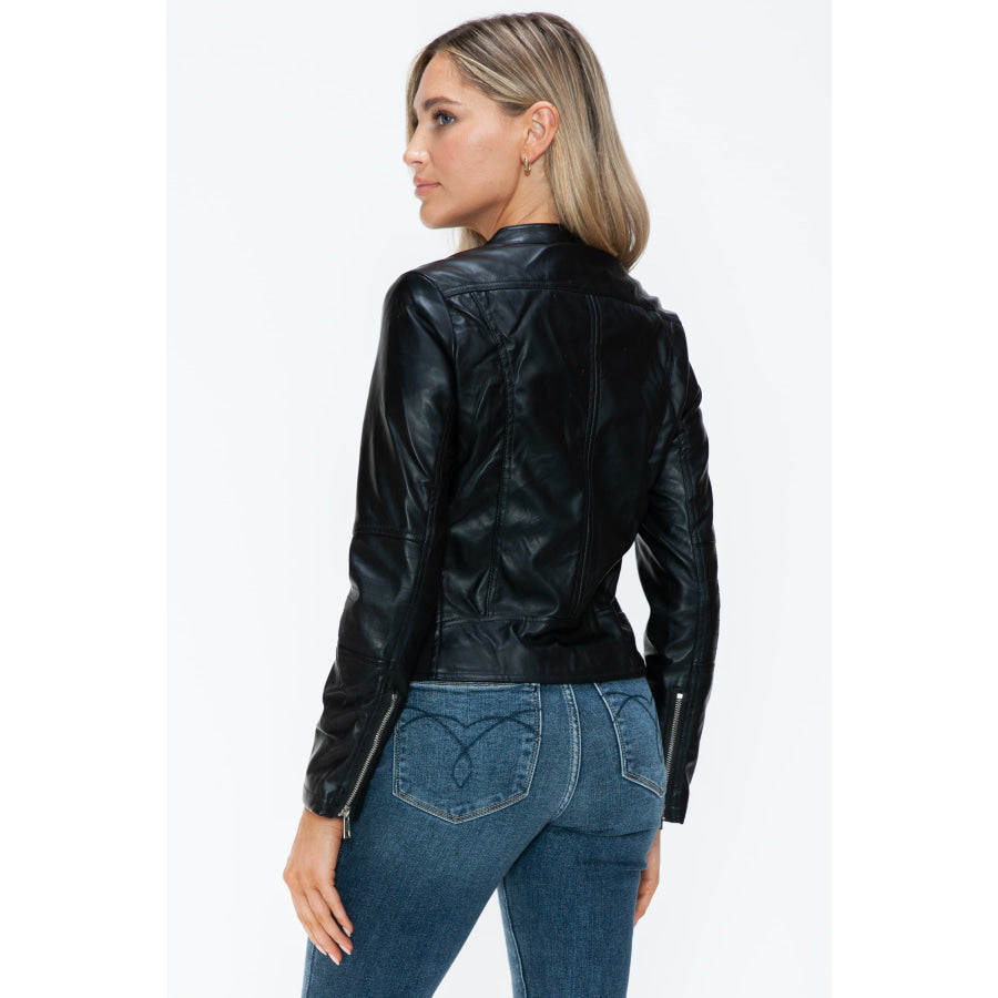 Snobbish PU Leather Zip Up Jacket with Pockets Apparel and Accessories