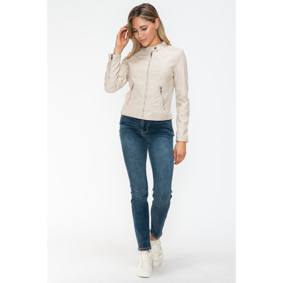 Snobbish PU Leather Zip Up Jacket with Pockets Apparel and Accessories